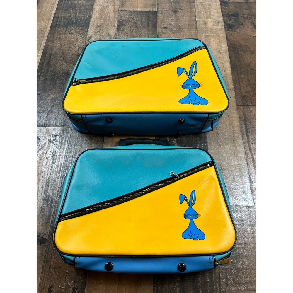 Vintage 70s Blue Yellow Bunny‎ Nesting Suitcase Set Retro Mod Travel Bags 2pc